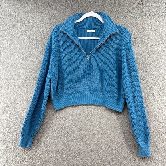 Tna Aritzia Half Zip Ribbed Knit Sweater Blue Cropped Pullover Size XS - Picture 1 of 10